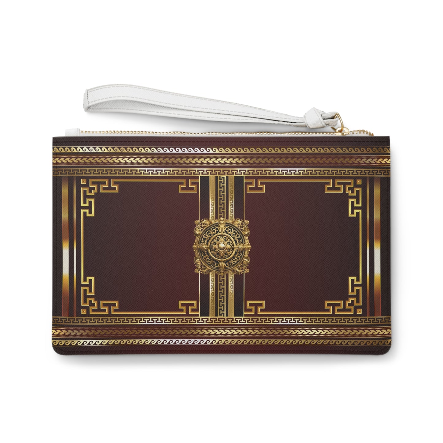 Greek Key Gold Maroon Vegan Leather Clutch Bag