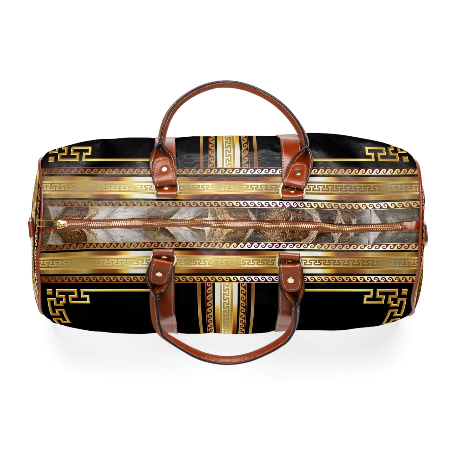 Black Gold Greek Key Waterproof Travel Bag