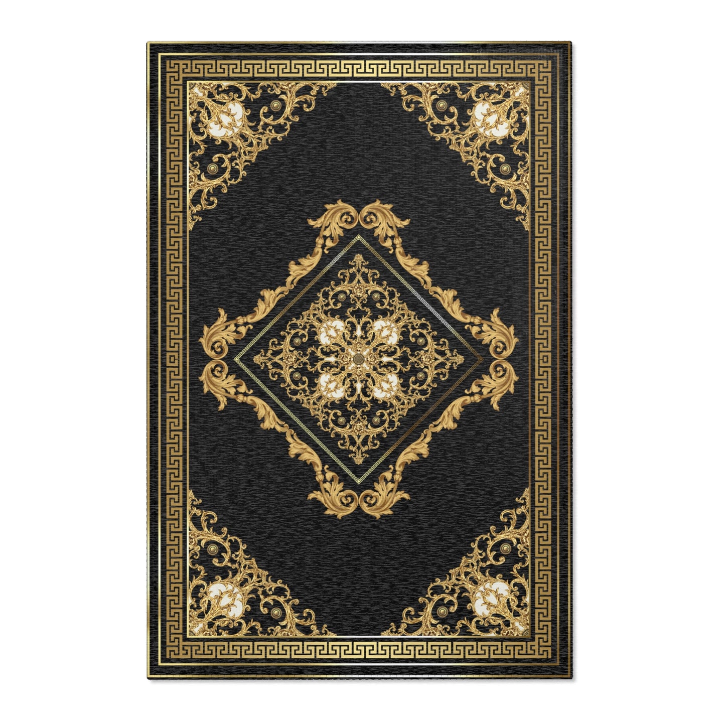 Ornate Baroque Black Gold Greek Key Gold Trim Area Rugs