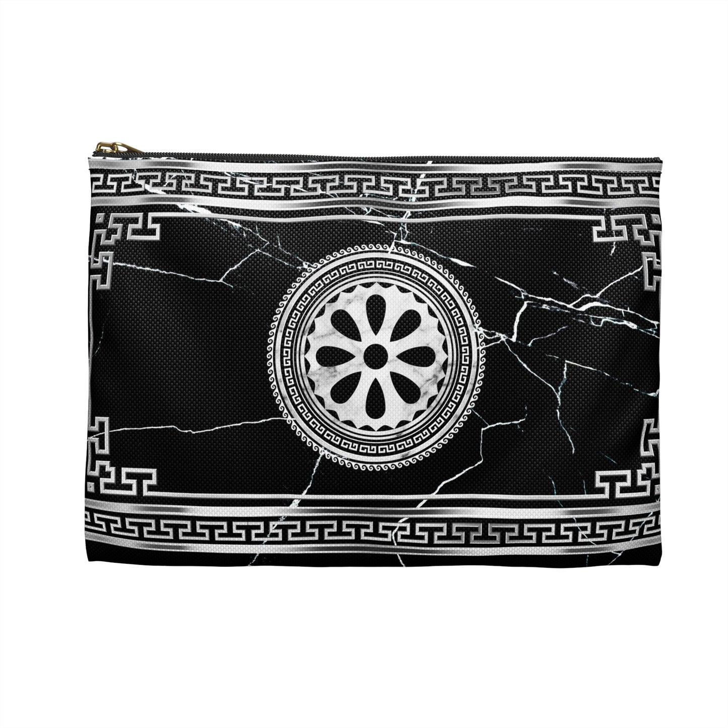 Greek Key Silver Black Marbleized Accessory Pouch