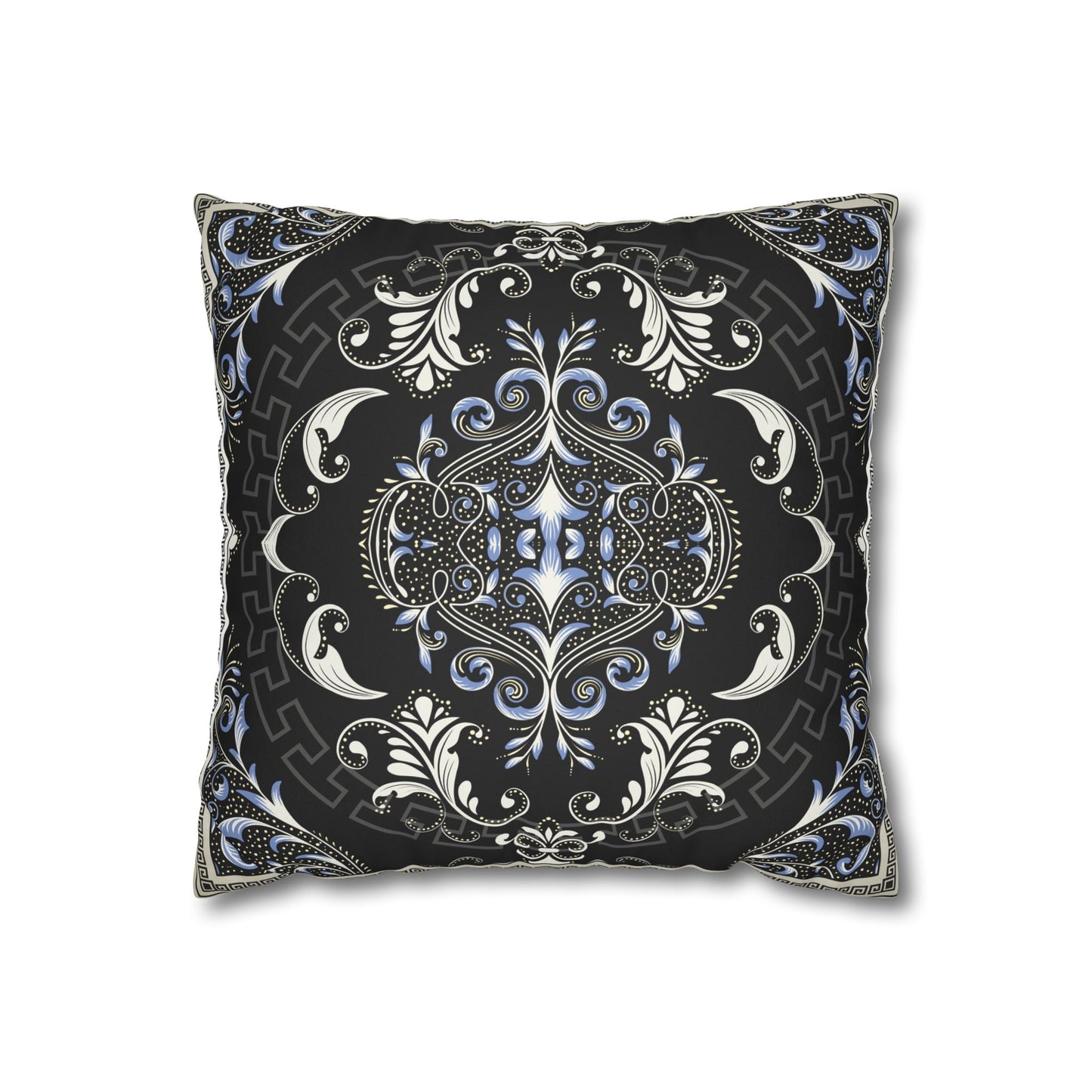 Floral Black Cream Greek Key Faux Suede Square Pillowcase (CASE ONLY)