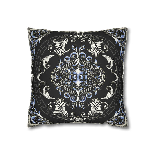 Floral Black Cream Greek Key Faux Suede Square Pillowcase (CASE ONLY)