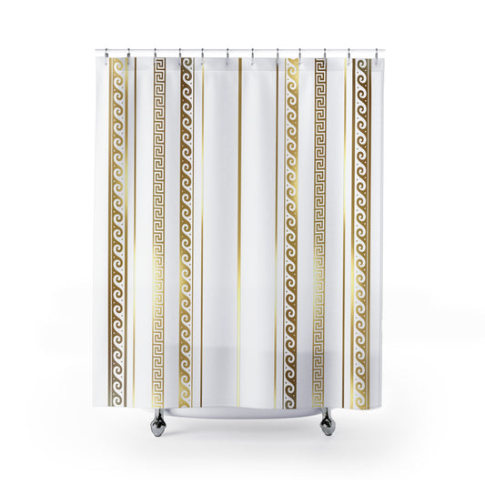 White Gold Marble Greek Key Shower Curtain