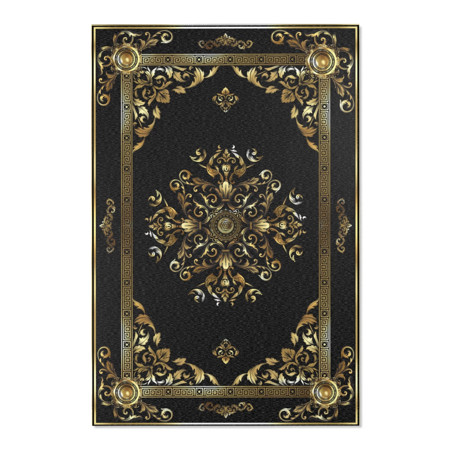 Ornate Gold Baroque Greek Key Black Area  Rug