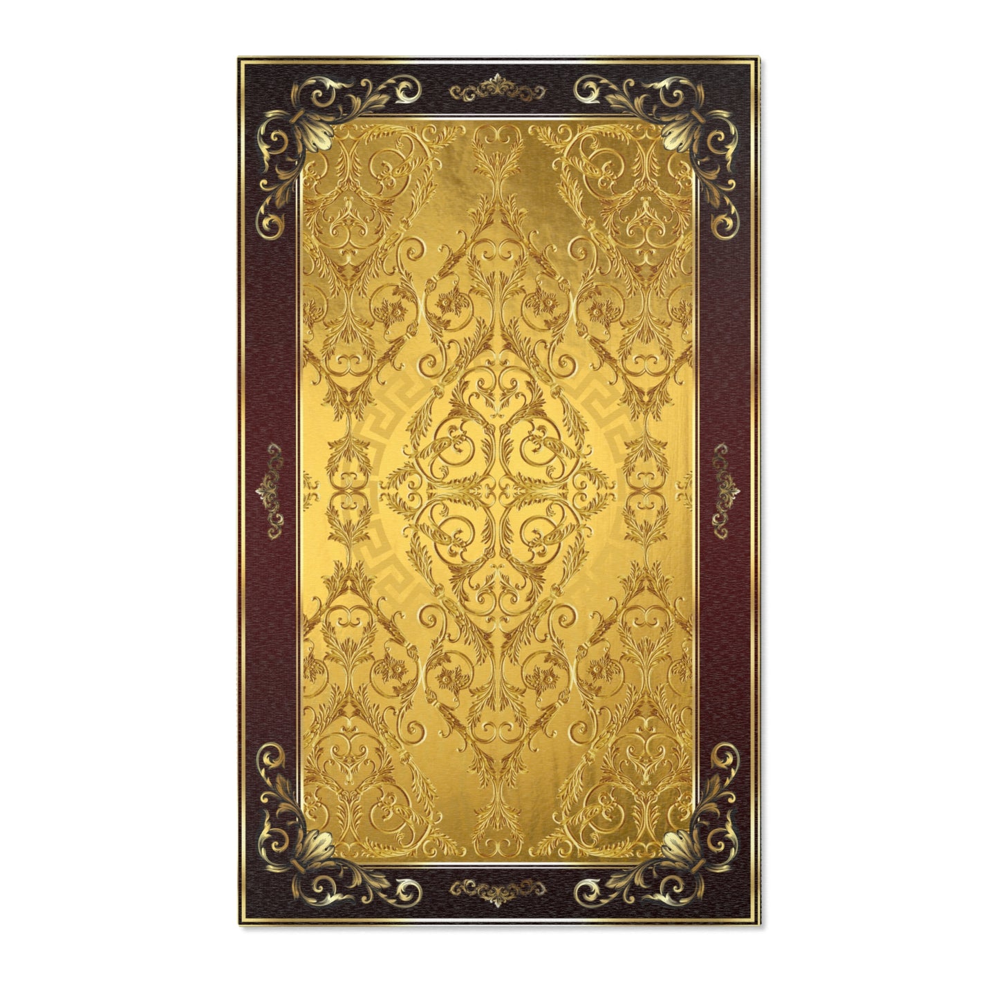 Ornate Gold Maroon Greek Key Baroque Area Rugs