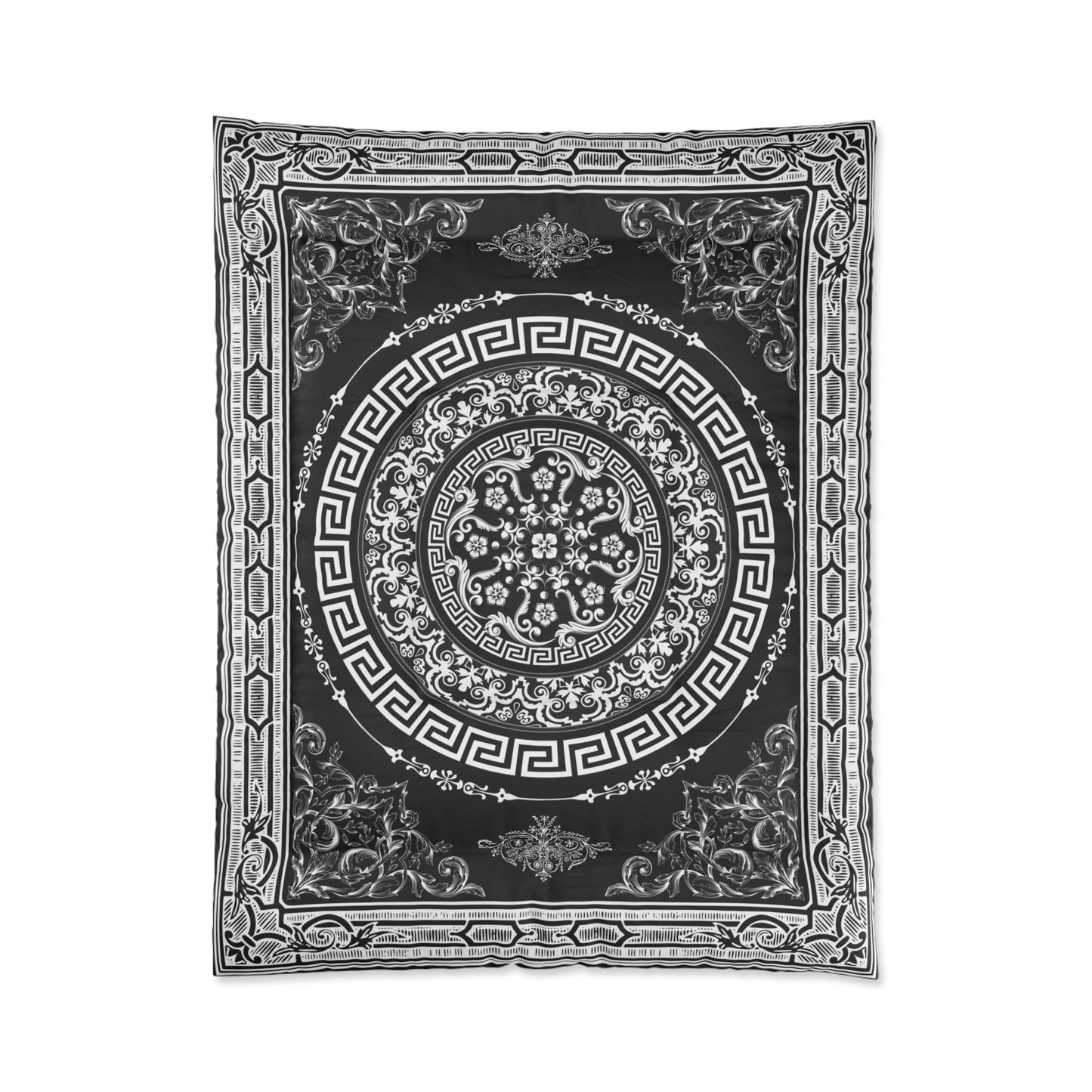 Ornate Baroque Black Antique White Greek Key Comforter