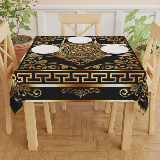 Gold Black Medallion Greek Key Ornate Baroque Tablecloth