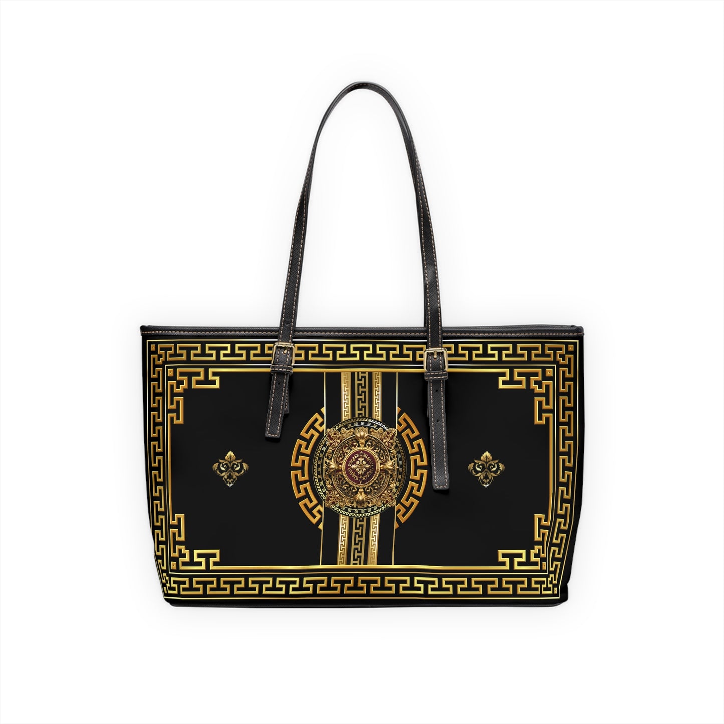 Greek Key Gold Black Medallion PU Leather Shoulder Bag