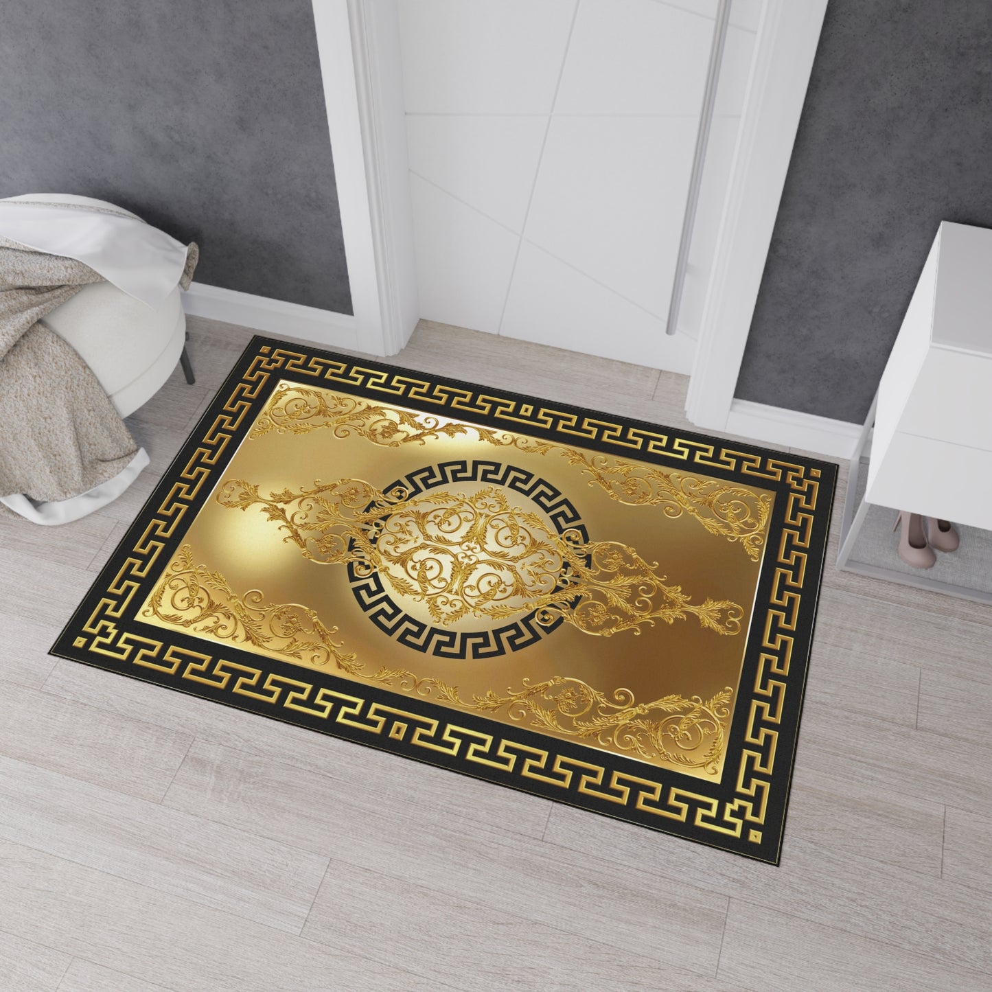 Greek Key Gold Black Baroque Heavy Duty Floor Mat