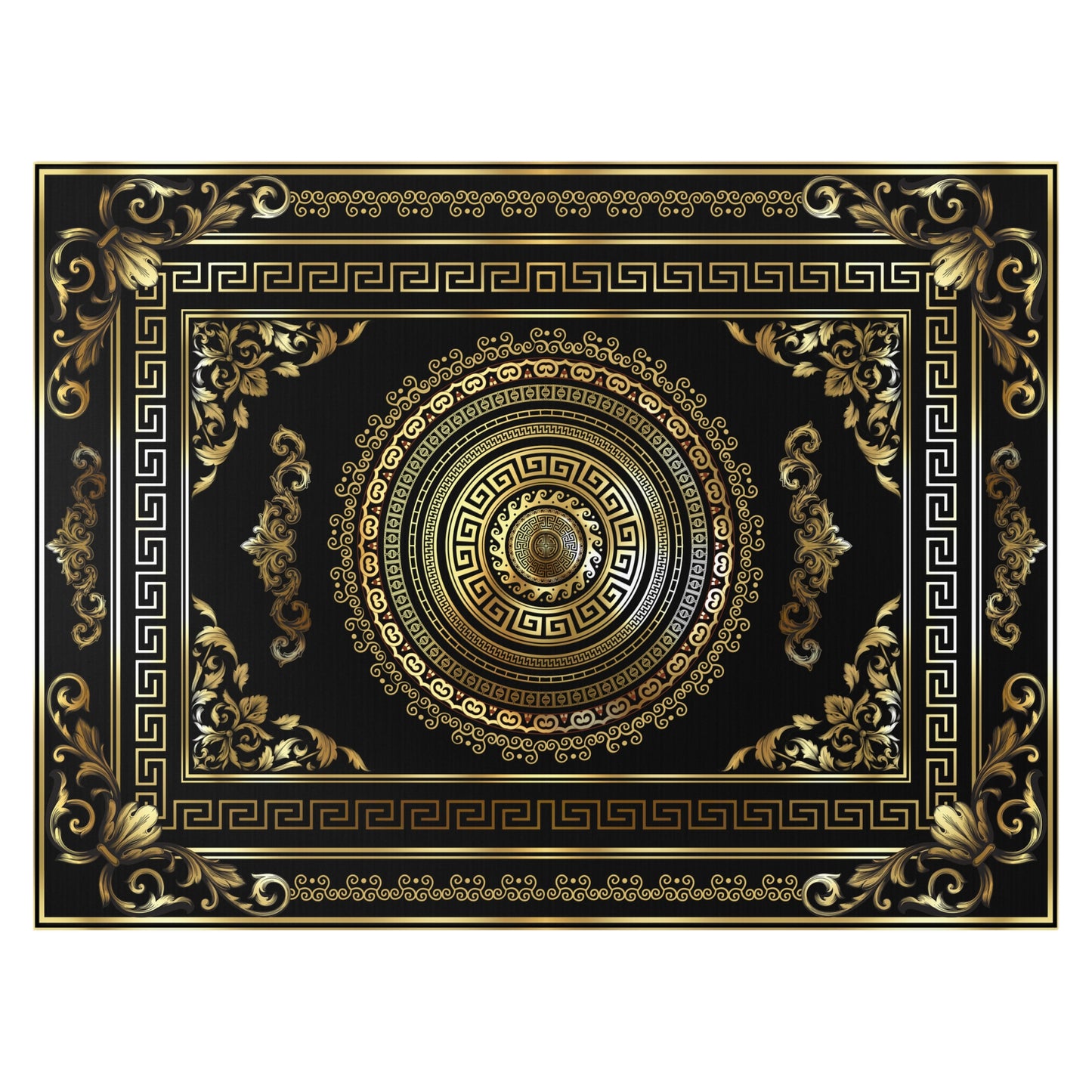 Ornate Baroque Greek Key Medallion Black Gold Dornier Rug