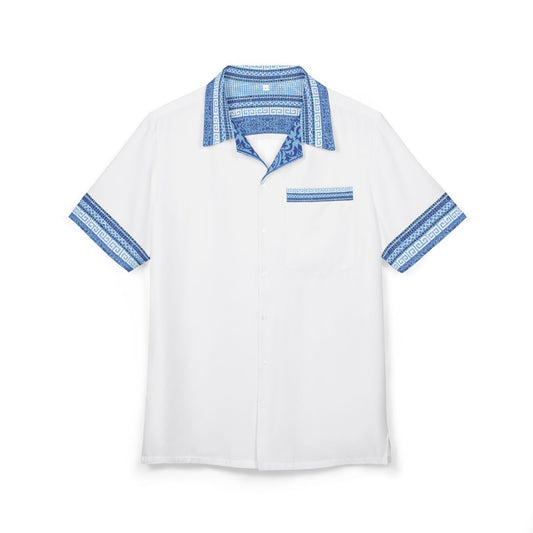 White Blue Greek Key Hawaiian Button-Down Shirt