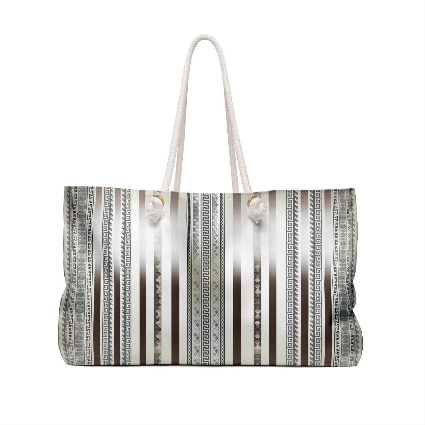 Cream Gray Brown Stripe Greek Key Weekender Bag