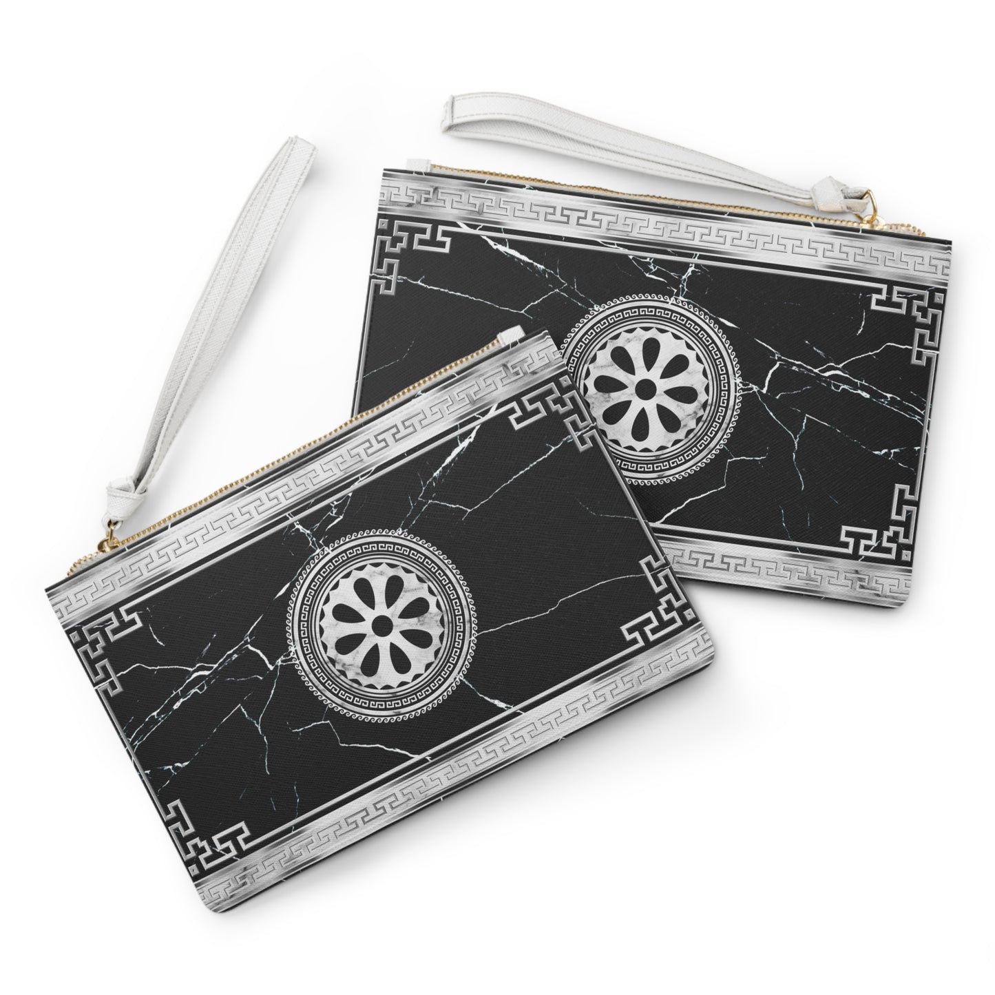 Greek Key Silver Black Marbleized Clutch Bag