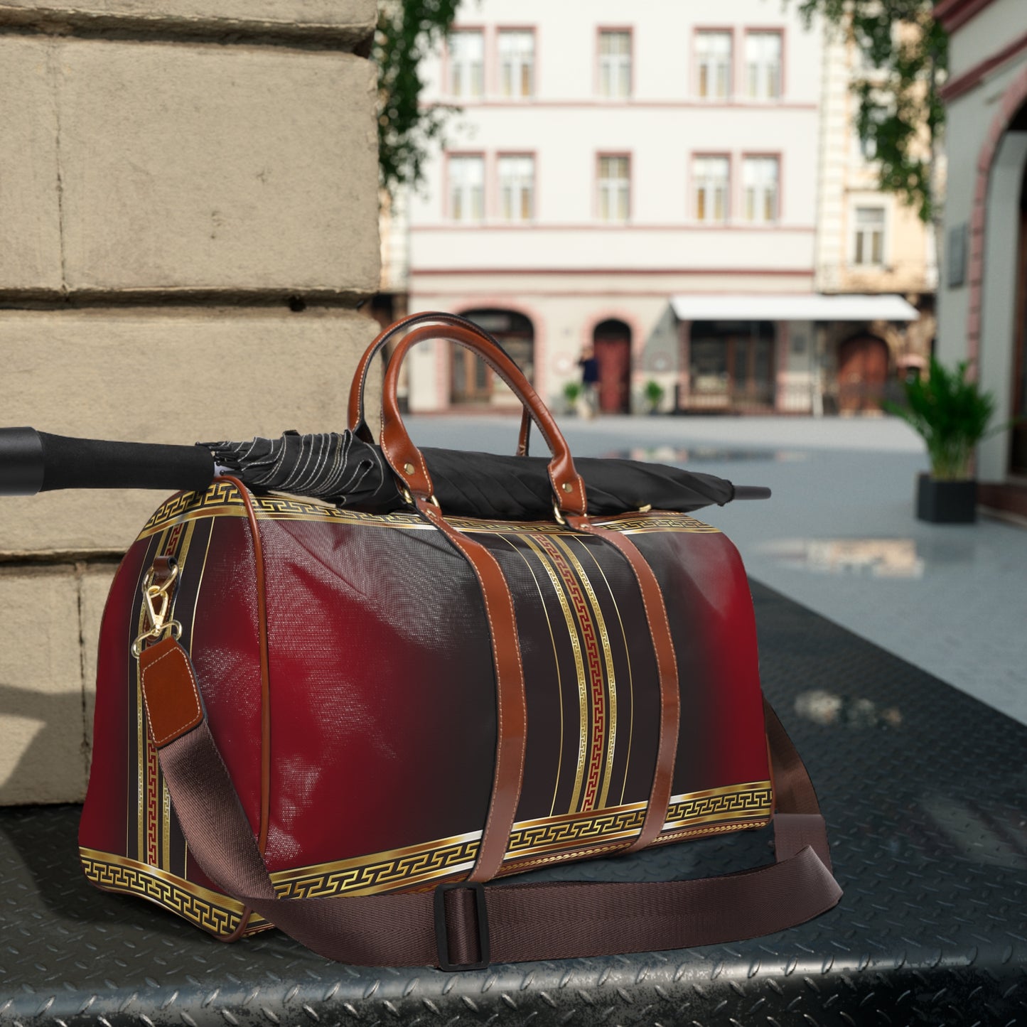 Greek Key Red Black Maroon Gold Waterproof Travel Bag