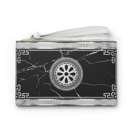 Greek Key Silver Black Marbleized Clutch Bag