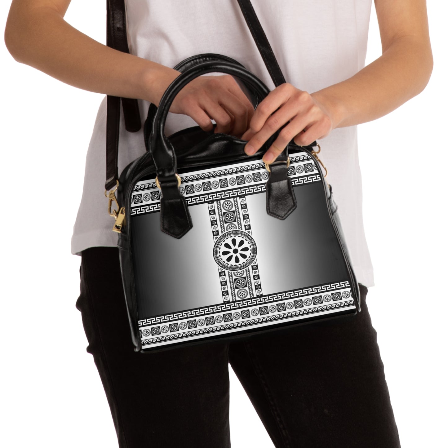 Greek Key Black White Floral Shoulder Handbag