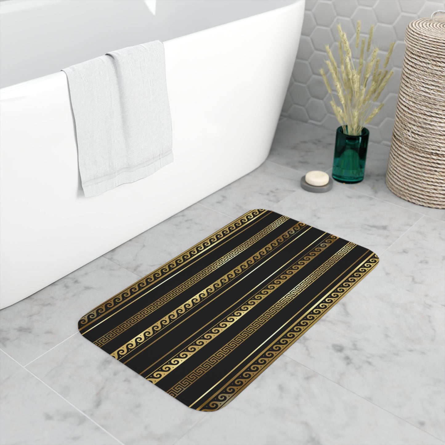 Greek Key Gold Black Memory Foam Bath Mat