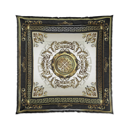 Ornate Medallion Gold Black Greek Key Comforter