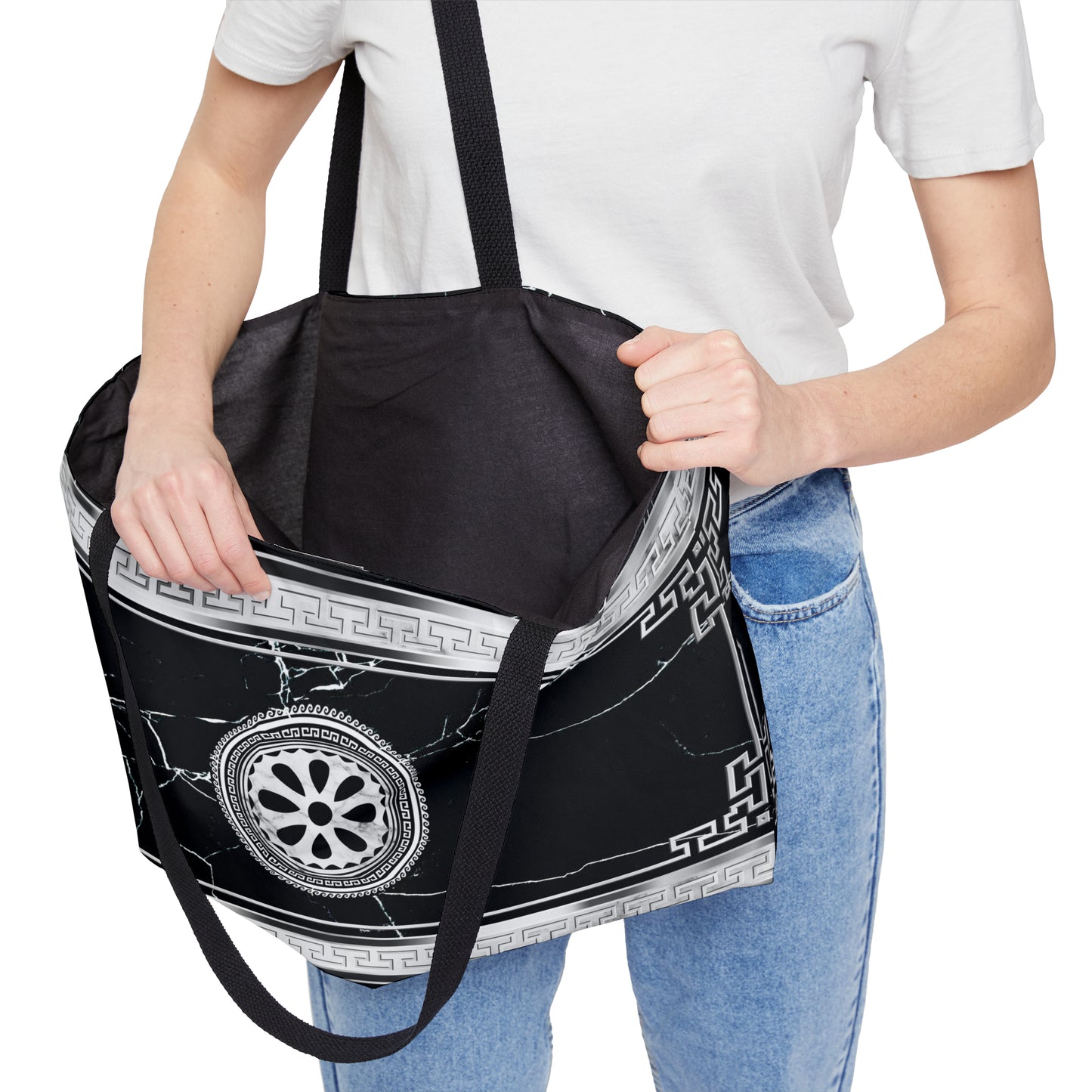 Greek Key Silver Black Marbleized Weekender Tote Bag