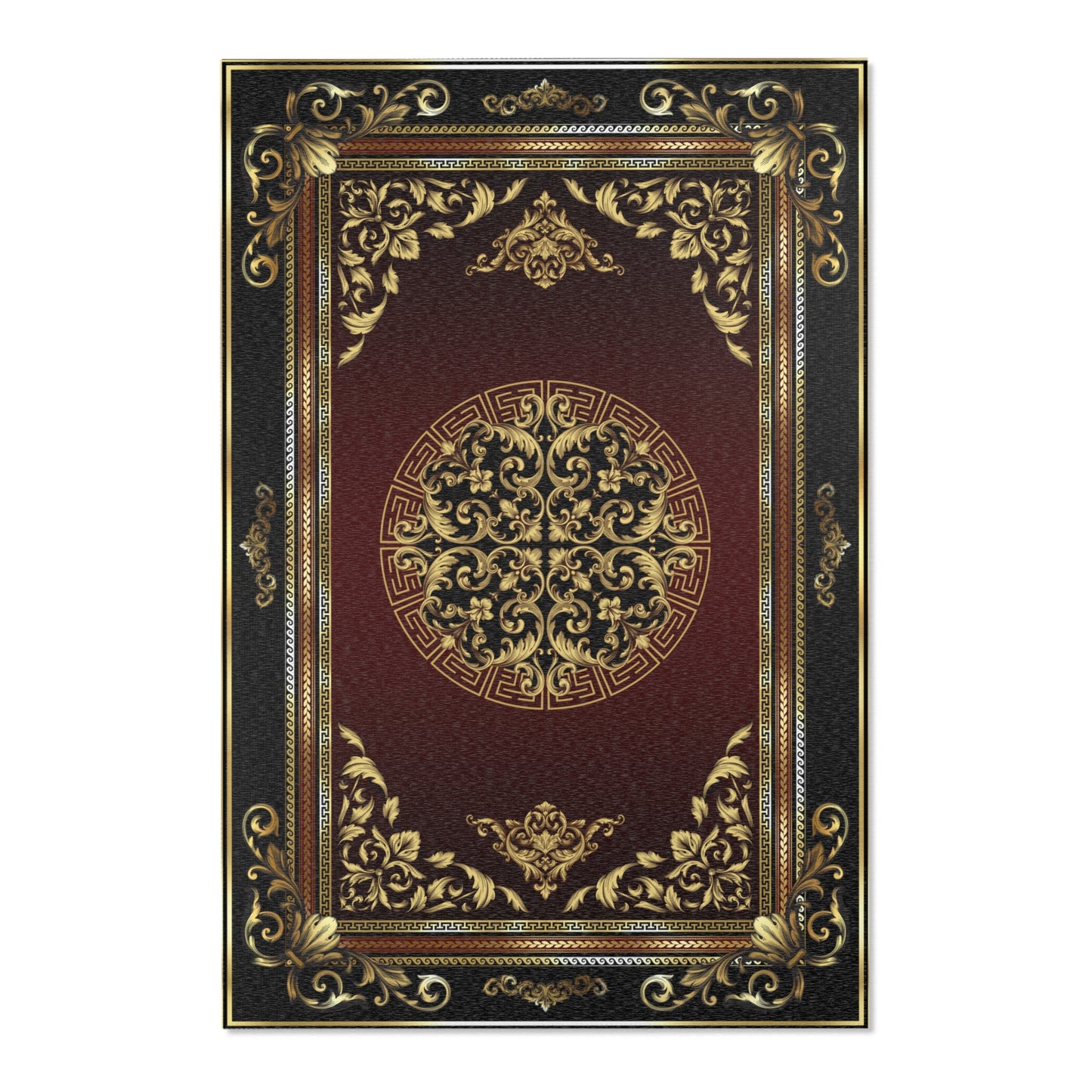 Baroque Ornate Black Gold Maroon Greek Key Area Rugs