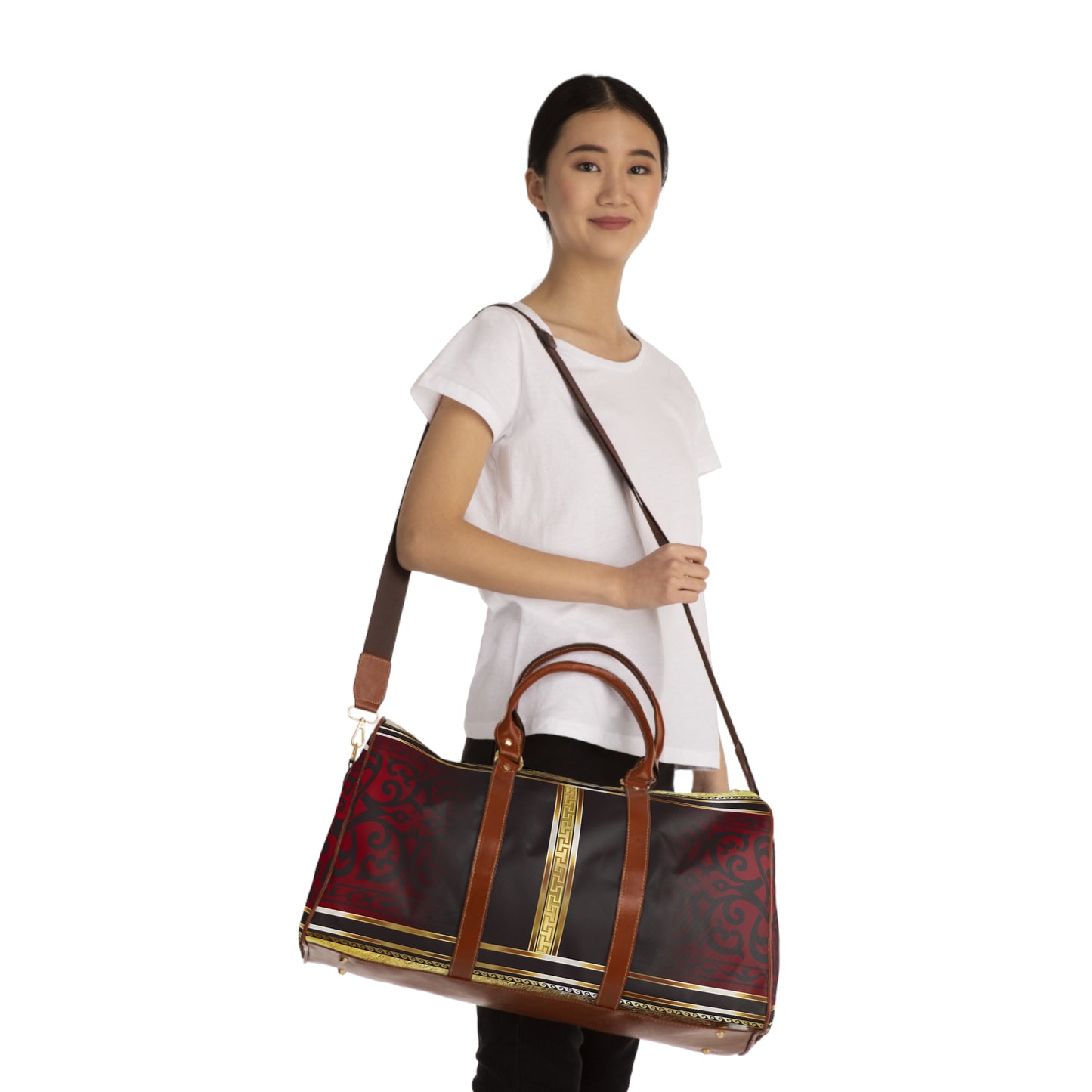 Maroon Black Red Gold Greek Key Waterproof Travel Bag
