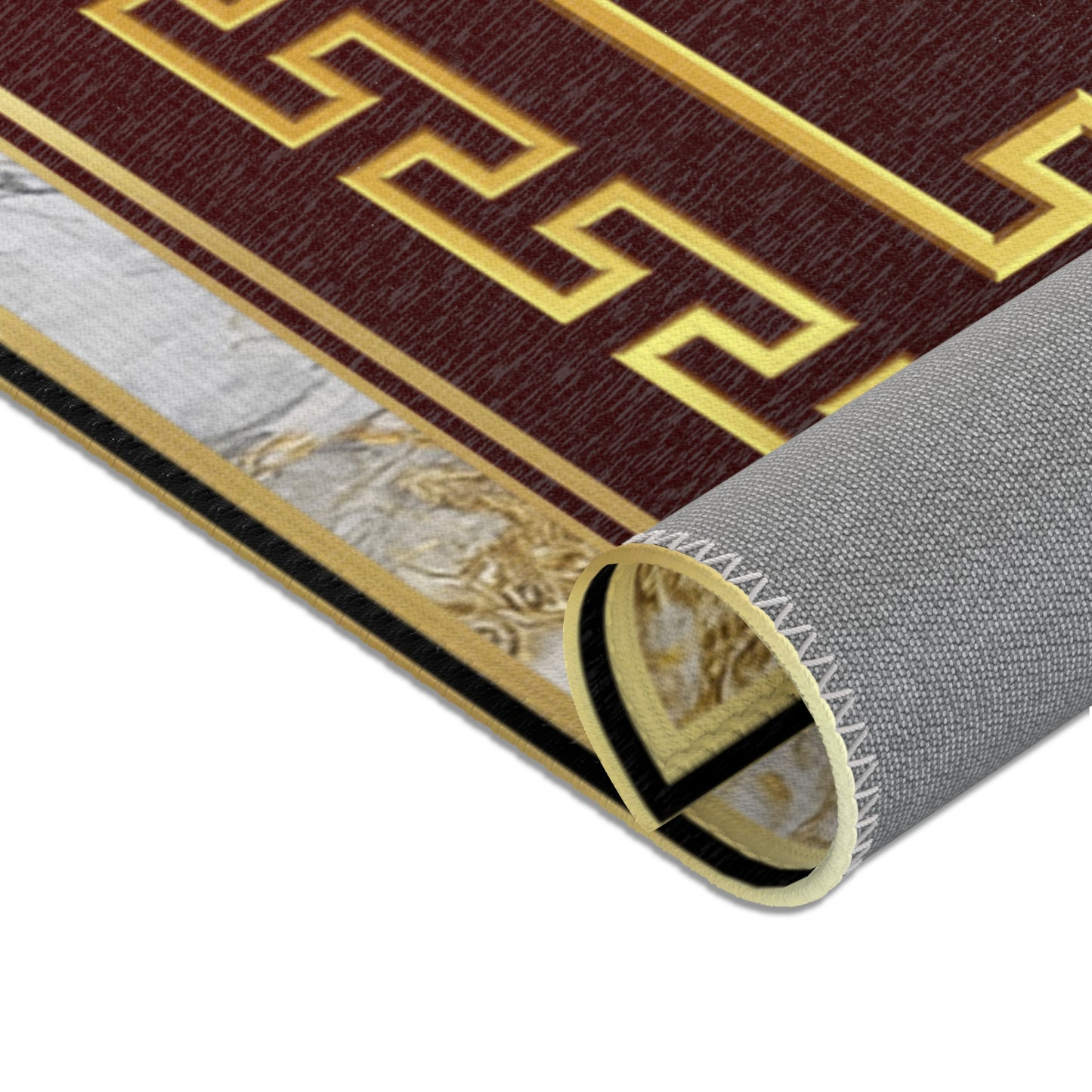 Gold Greek Keys Maroon White Gold Trim Area Rug