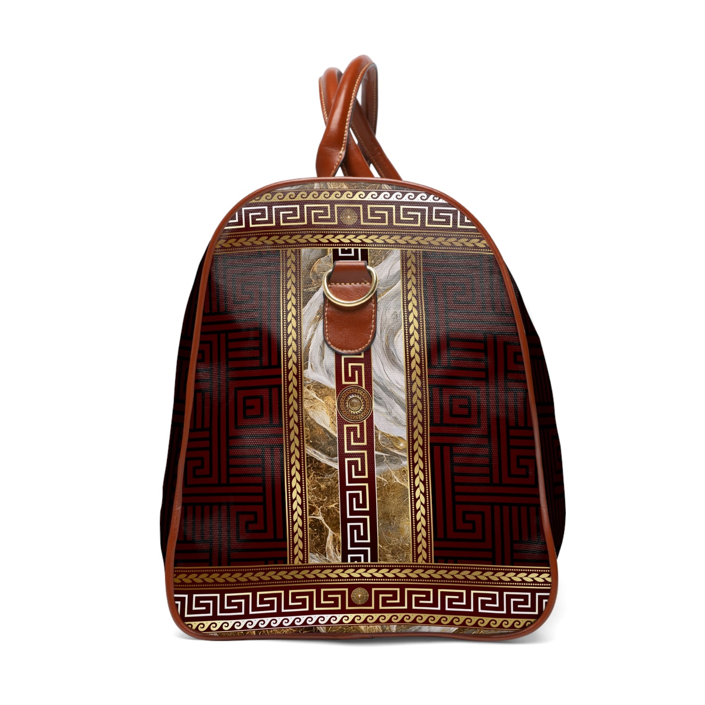 Maroon Greek Key Gold Marbleized Waterproof Travel Bag