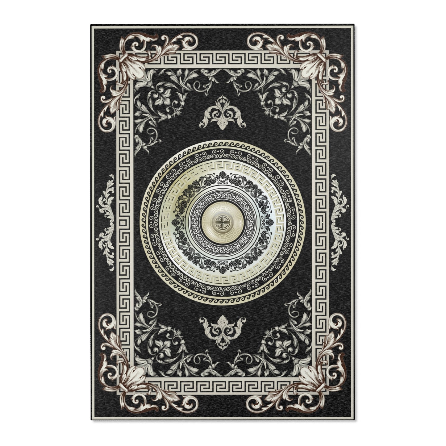 Greek Key Black & Cream Ornate Baroque Area Rugs