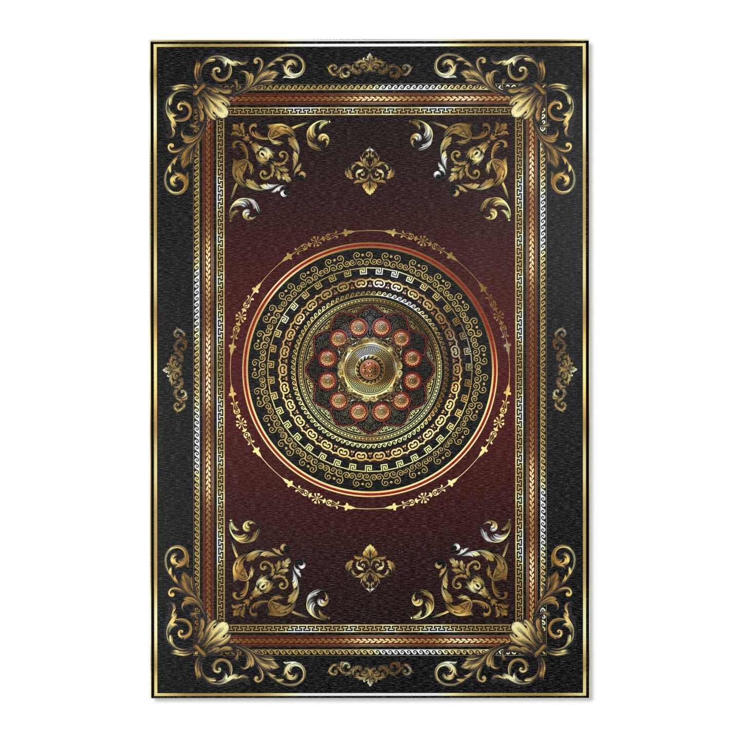 Greek Key Maroon Red Black Gold Ornate Baroque Area Rugs