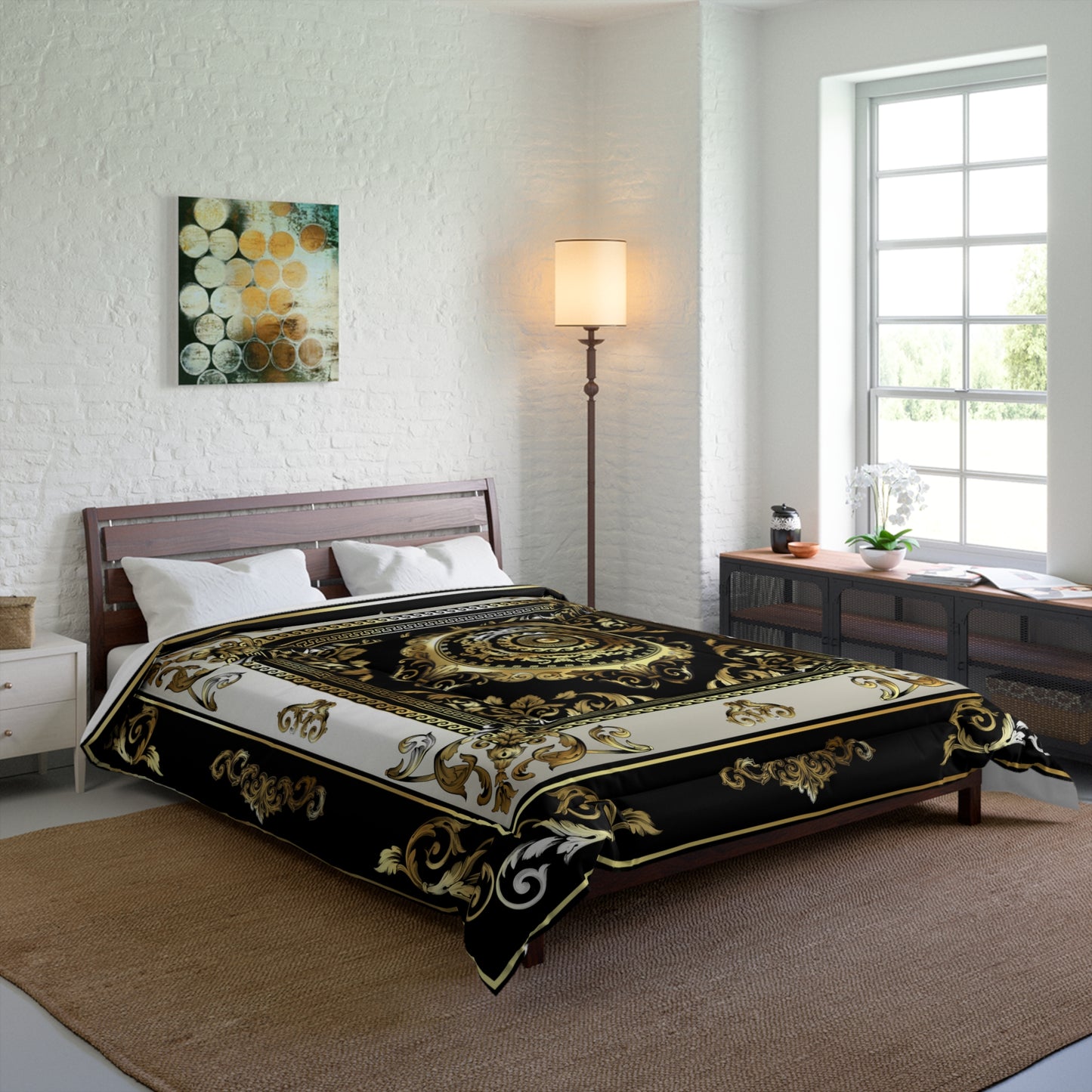 Greek Key Ornate Baroque Black Cream Gold Comforter