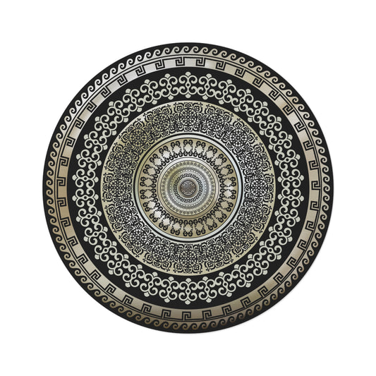 Greek Key Black Beige Ornate Baroque Round Rug