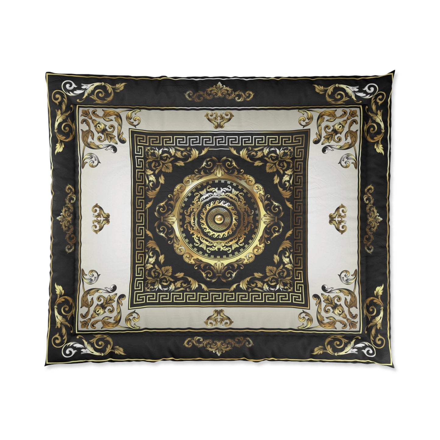 Greek Key Ornate Baroque Black Cream Gold Comforter