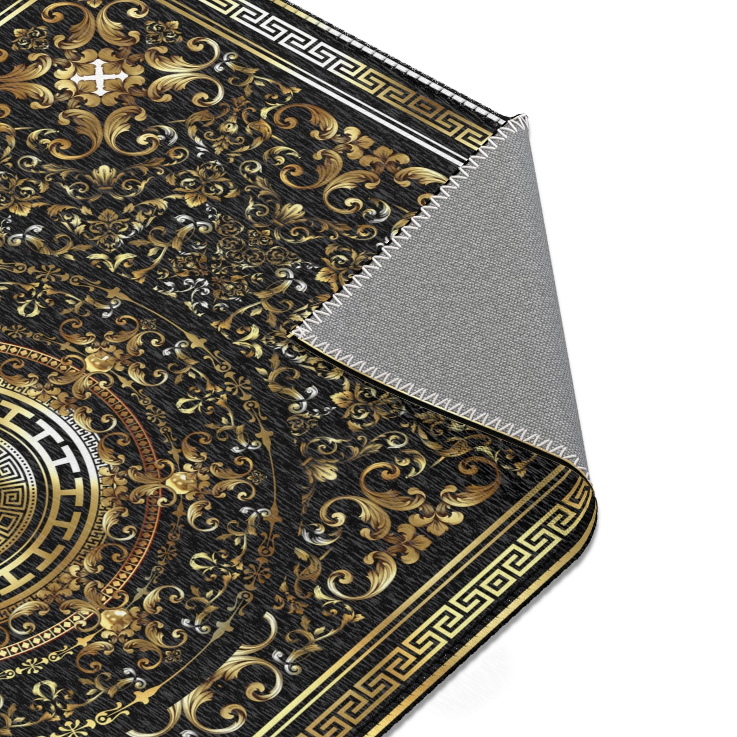 Ornate Baroque Gold Black Greek Key Area Rugs