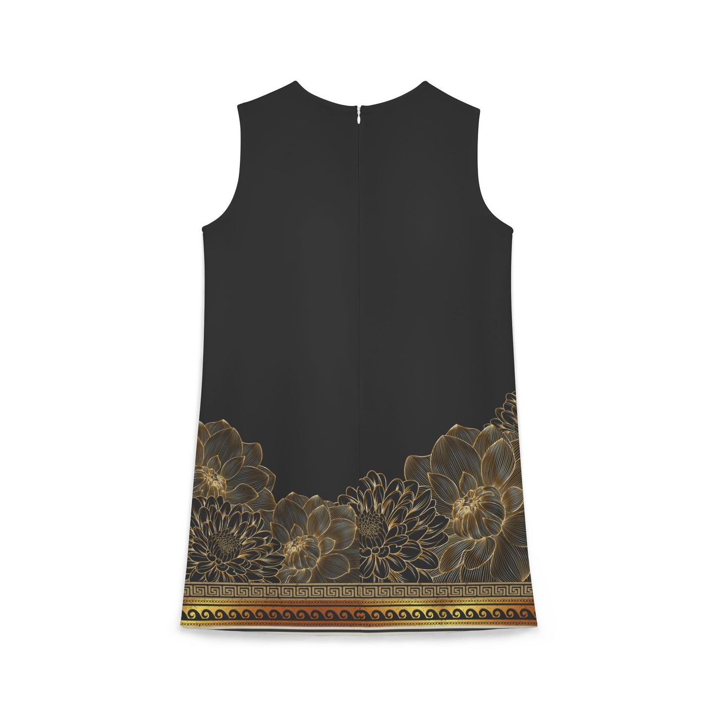 Greek Key Gold Flowers Black A-line Sleeveless Dress