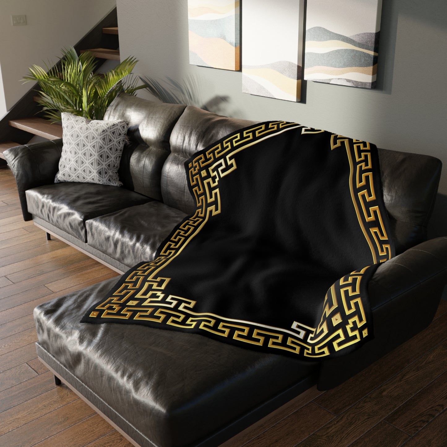 Greek Key Silver/Gold Black/White Velveteen Minky Blanket (Two-sided print)