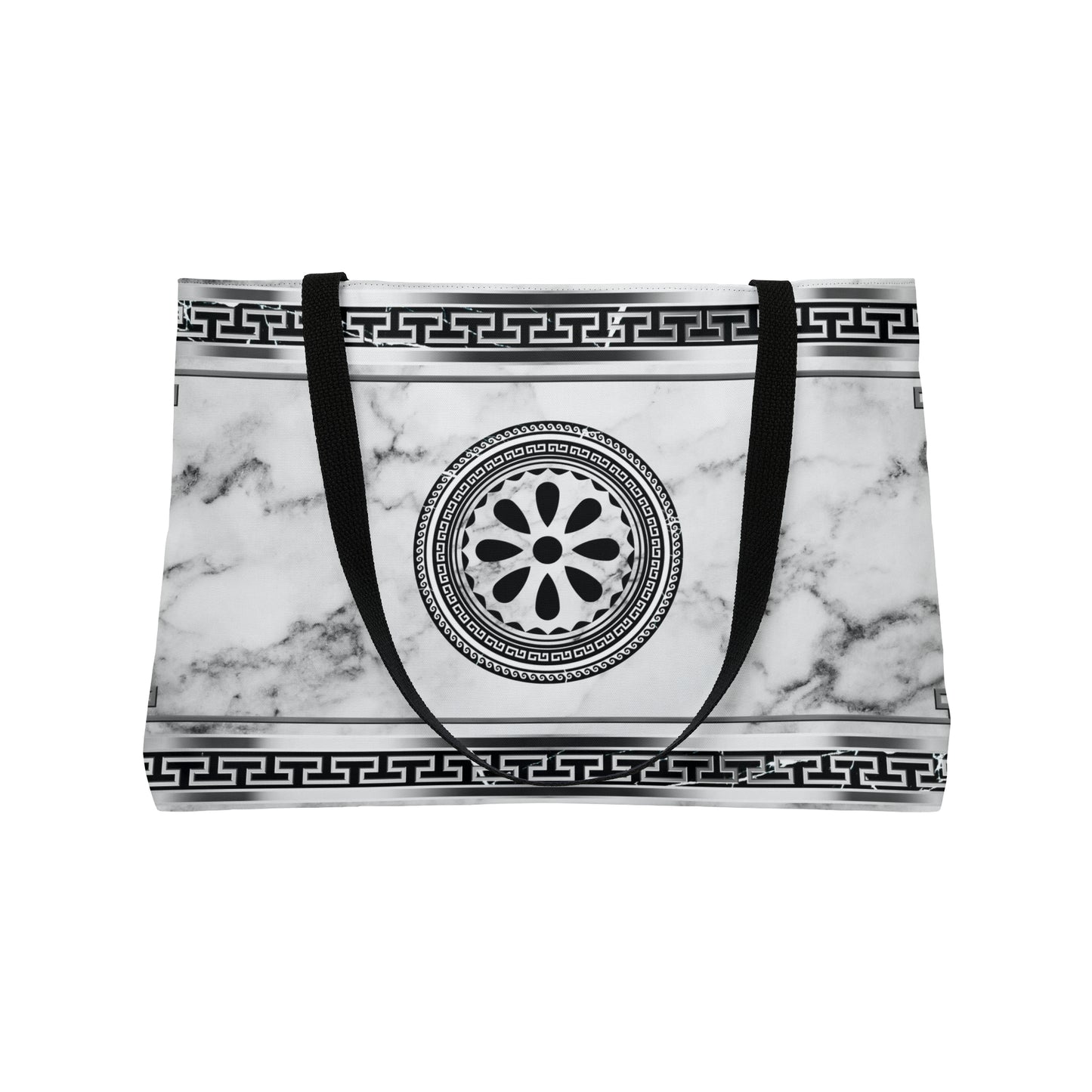 Greek Key Silver White Marbleized Weekender Tote Bag