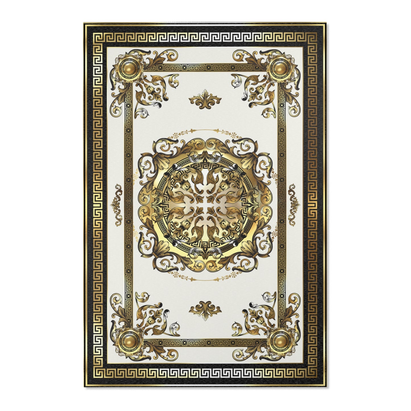 Greek Key Cream Black Gold Ornate Baroque Area Rugs