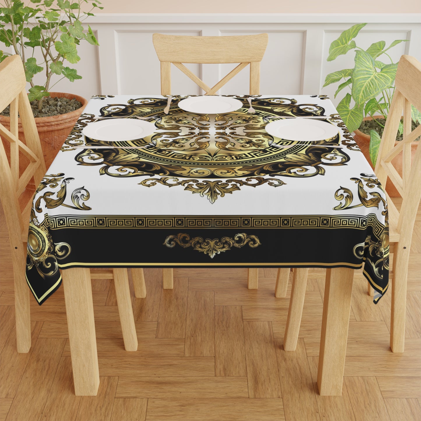 Black Gold White Greek Key Ornate Tablecloth