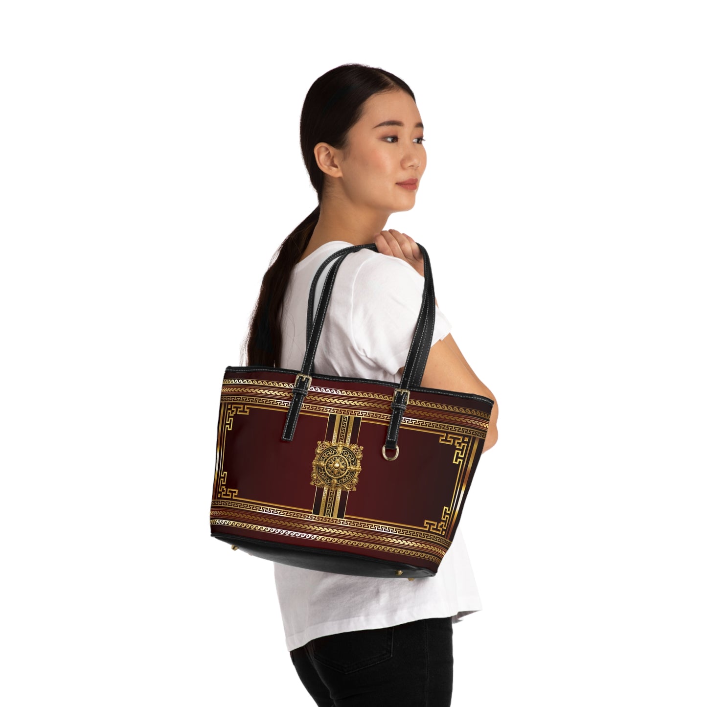 Greek Key Gold Maroon PU Leather Shoulder Bag