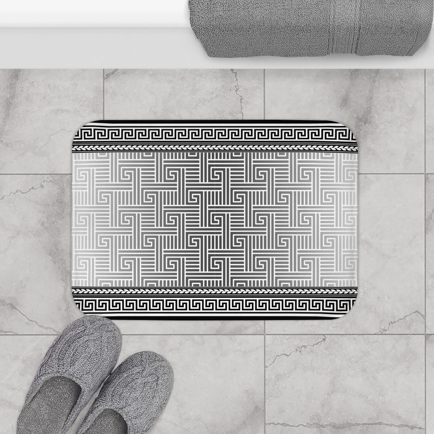 Black Grey White Greek Key Bath Mat