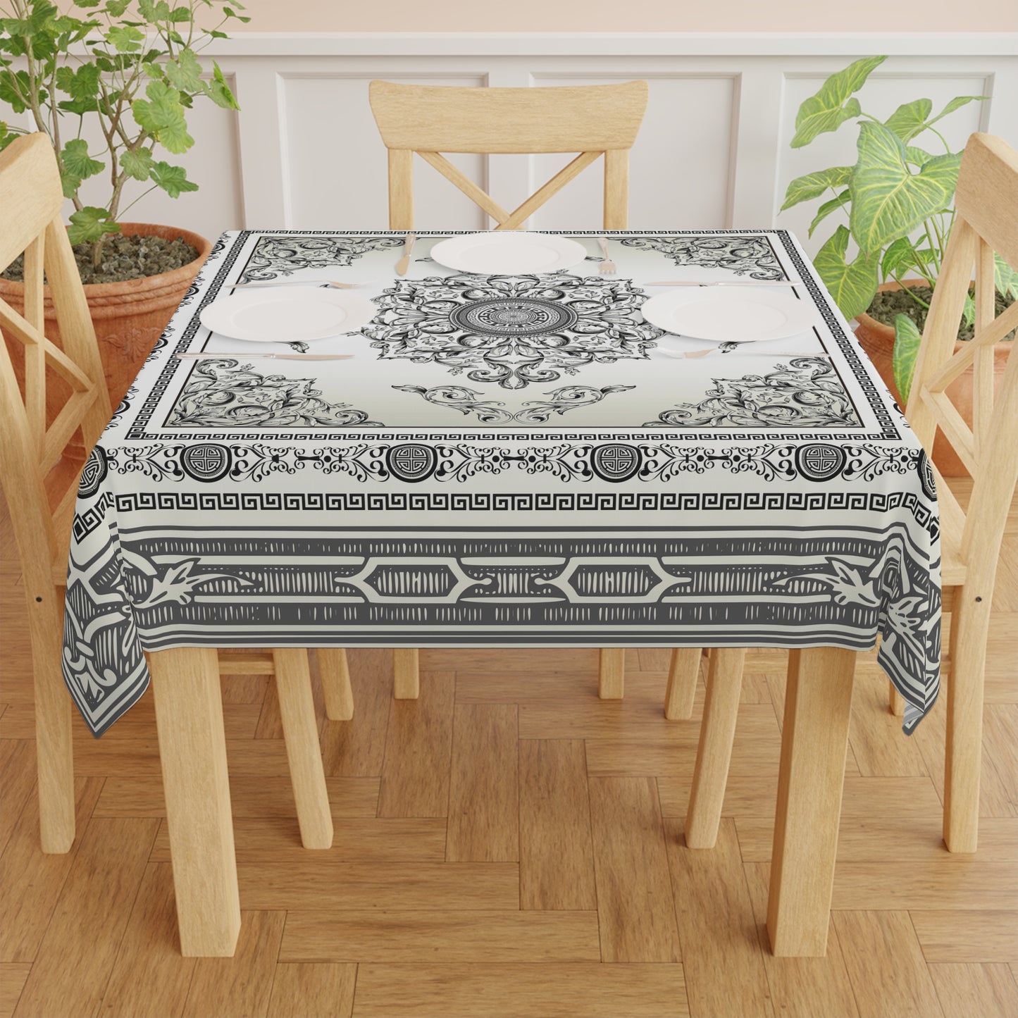 Baroque Ornate Black Cream Gray Greek Key Tablecloth