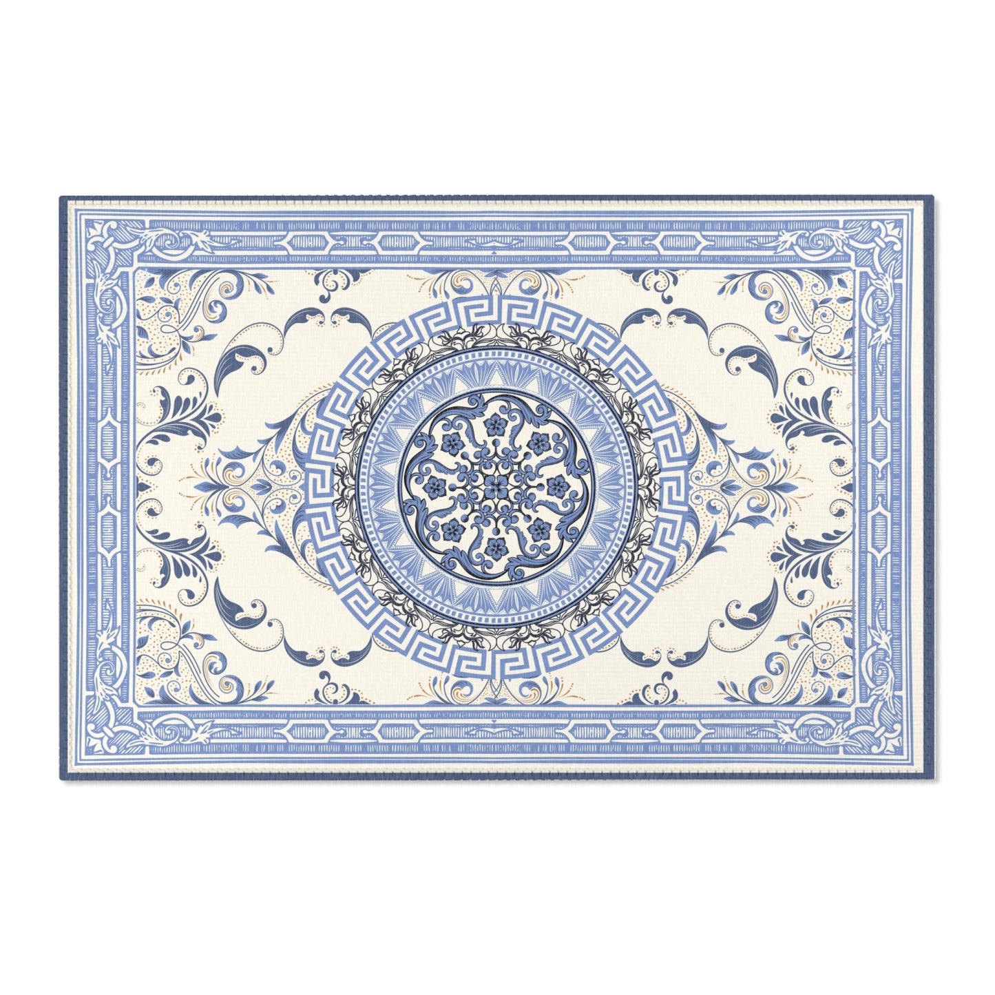 Blue Ornate Baroque Greek Key Area Rugs