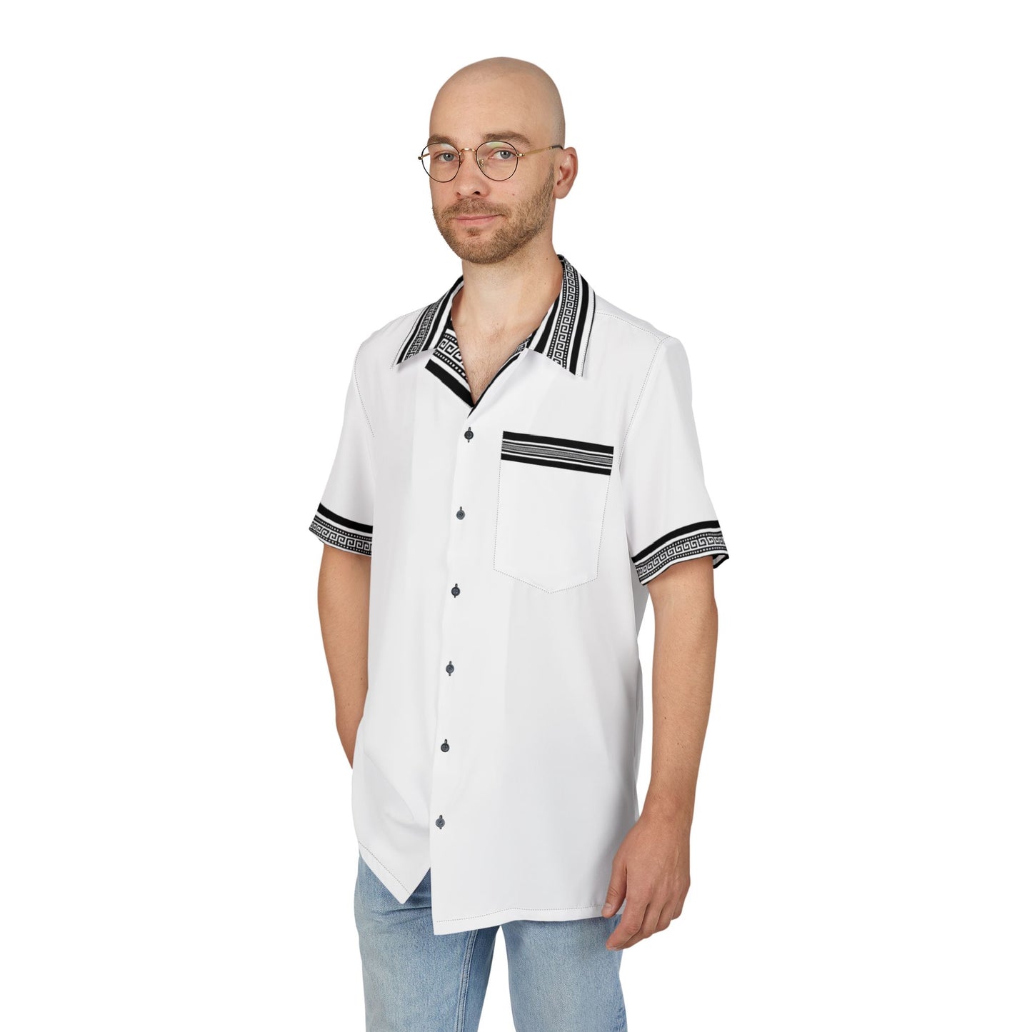 White Black Greek Key Hawaiian Button-Down Shirt