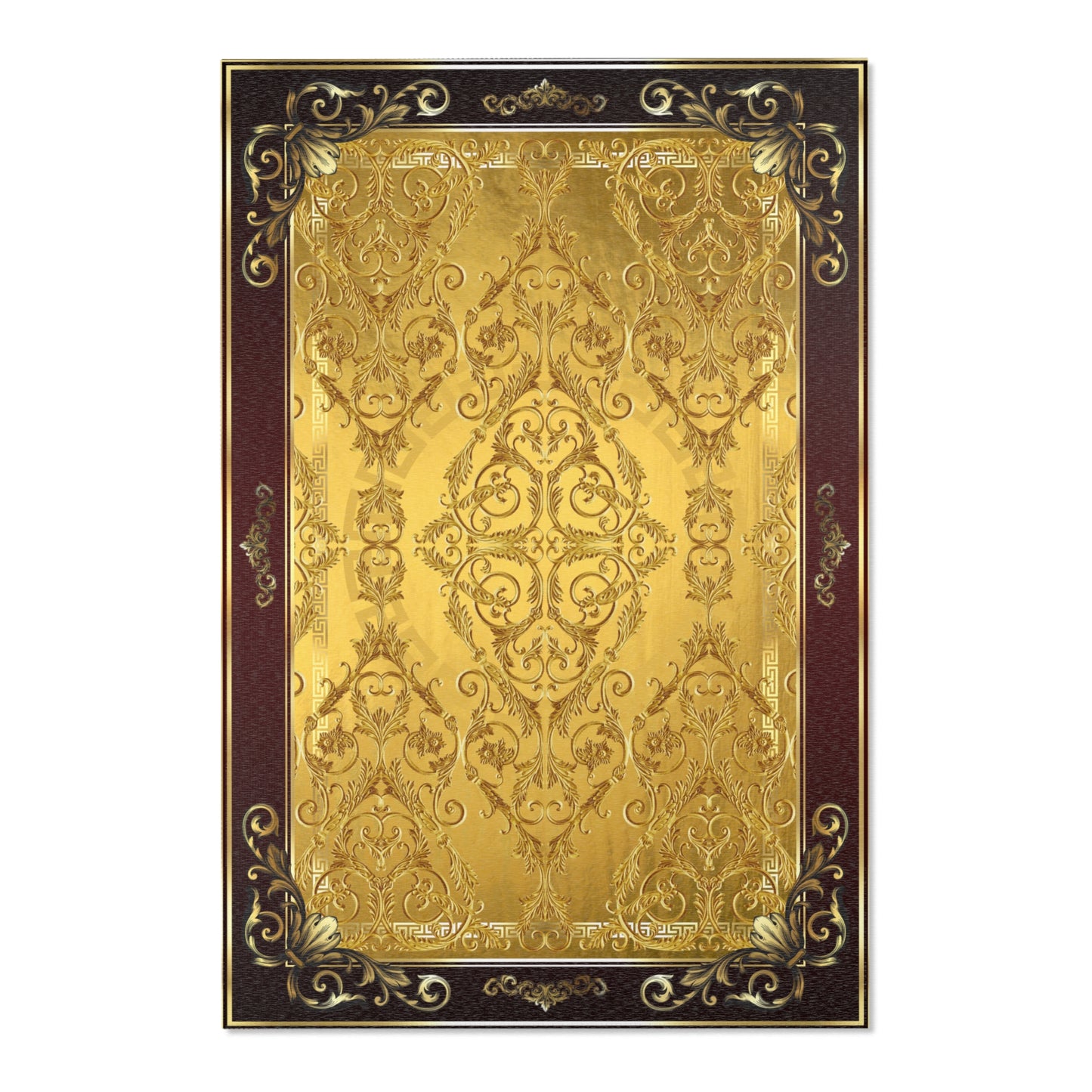 Ornate Gold Maroon Greek Key Baroque Area Rugs