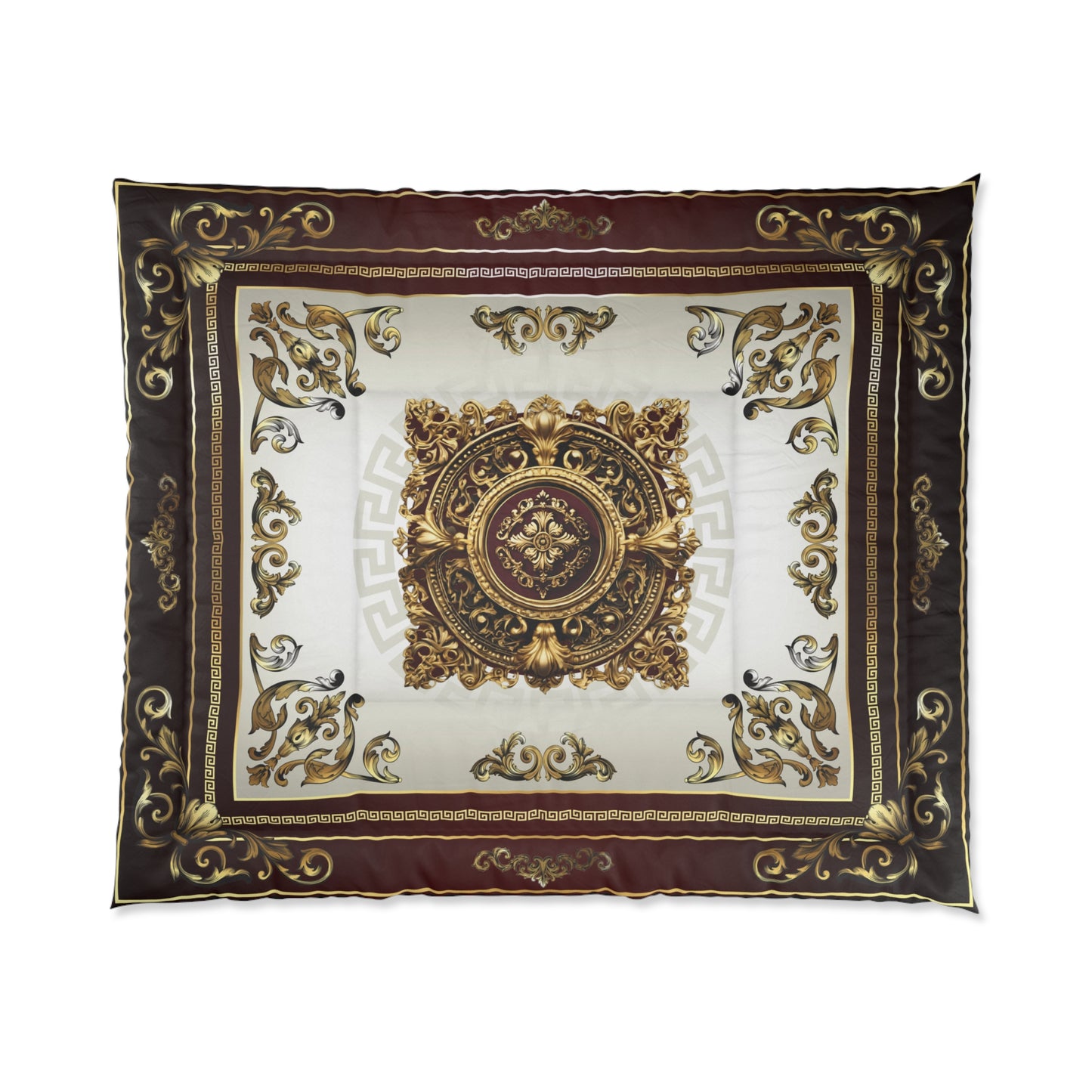 Greek Key Gold Maroon Cream Ornate Comforter