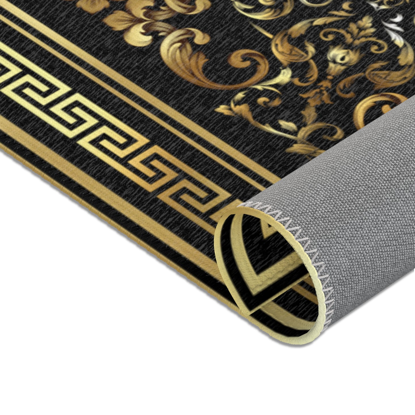 Ornate Baroque Gold Black Greek Key Area Rugs