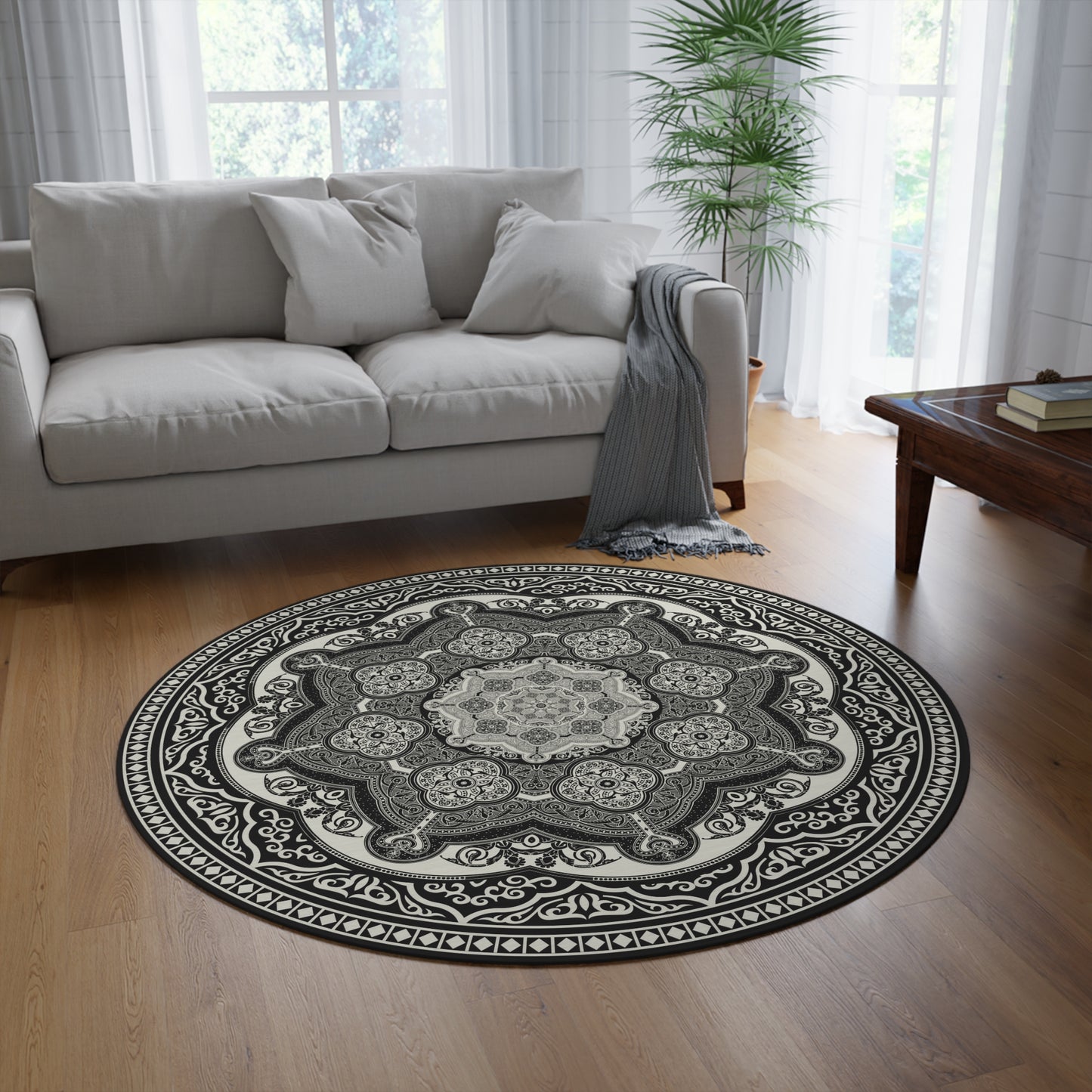 Ornate Baroque Floral Greek Key Cream Black Round Rug