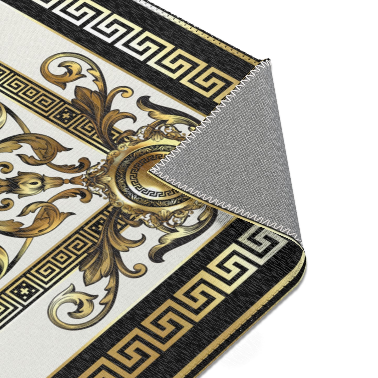 Greek Key Cream Black Gold Ornate Baroque Area Rugs