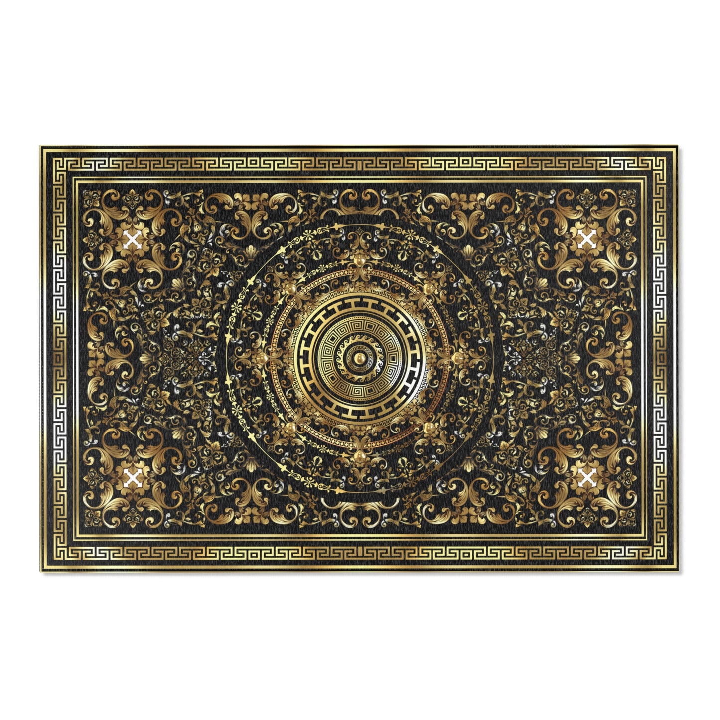 Ornate Baroque Gold Black Greek Key Area Rugs