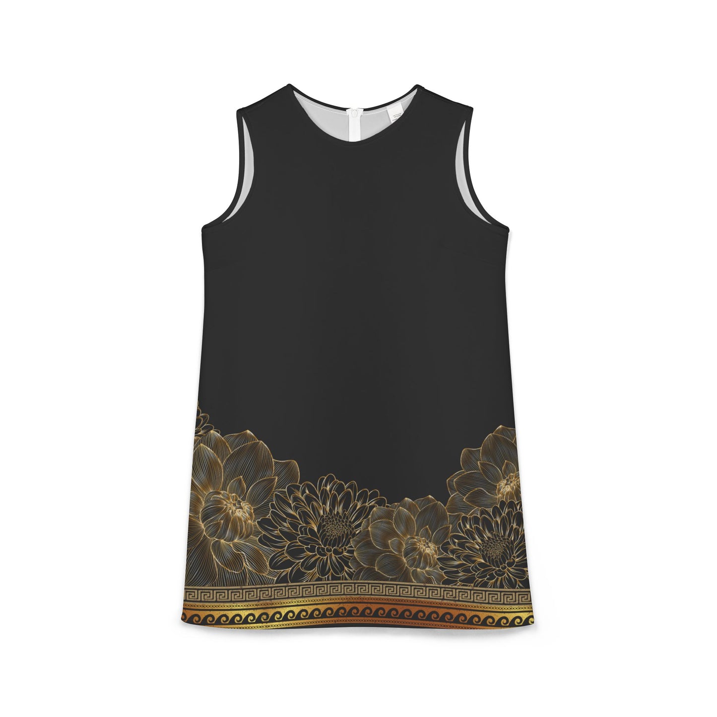 Greek Key Gold Flowers Black A-line Sleeveless Dress